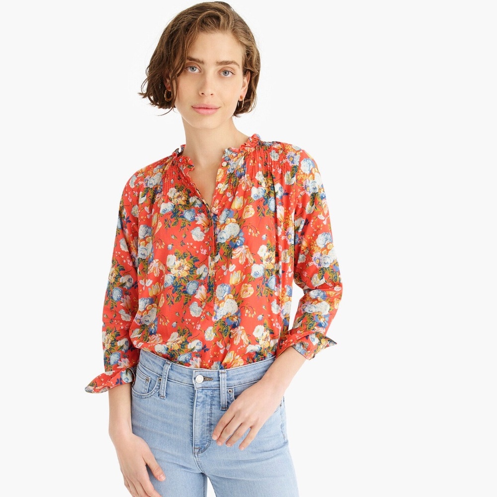 J CREW X LIBERTY Classic Popover Blouse Coral Floral Ruffle Collar Pintucking 4